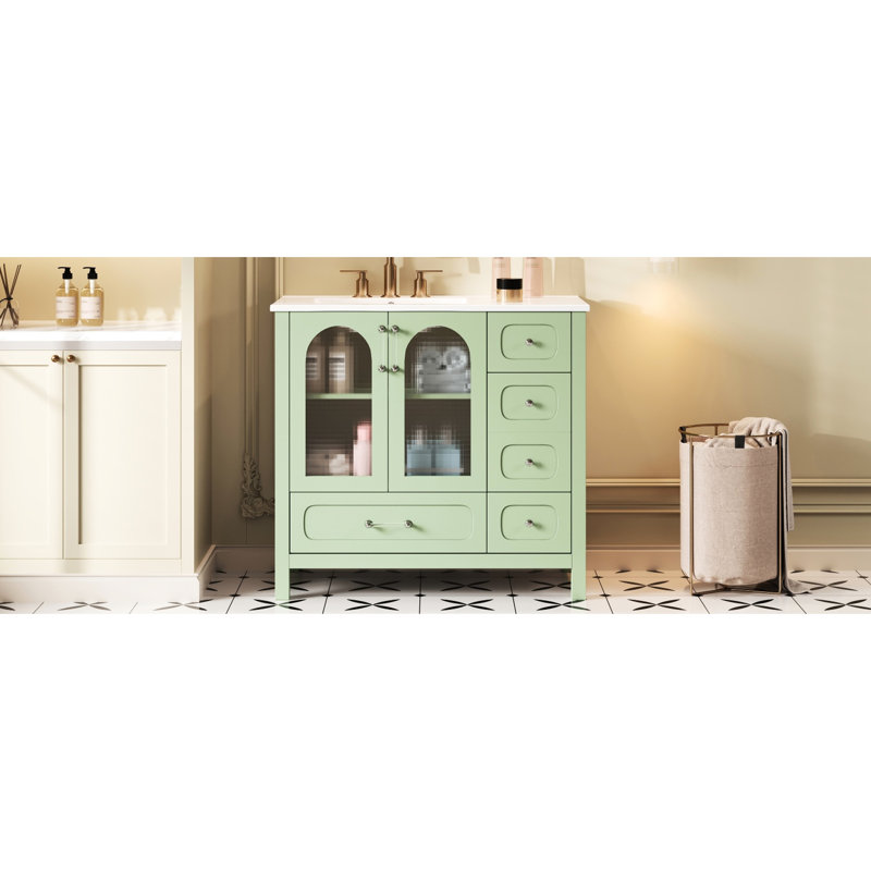 36 armoires de rangement pour salle de bain avec texture gaufrée, quatre tiroirs, deux portes en verre, double espace, couleur turquoise fraîche, poignées modernes, conception de rails coulissants lisses, rangement, revêtement, calme et doux