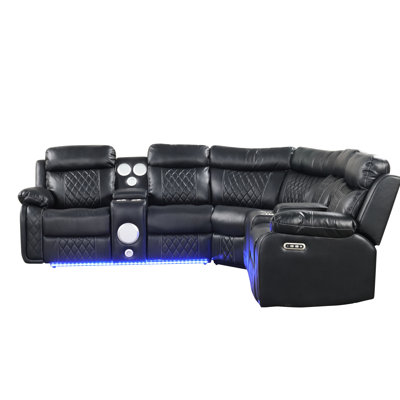 Contemporary Power Reclining Sectional In Black, 5 Seats, With Audio, Dual Led, And Charging, For Living Space Black Modern Audio Led Lighting, Featuring Faux Leather, , Ports, Console Storage, Home