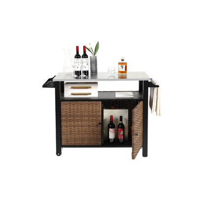Brown Outdoor Kitchen Cart With Stainless Steel Table Top And Wheels For Patio Bar Storage Island Side Handle Garden
