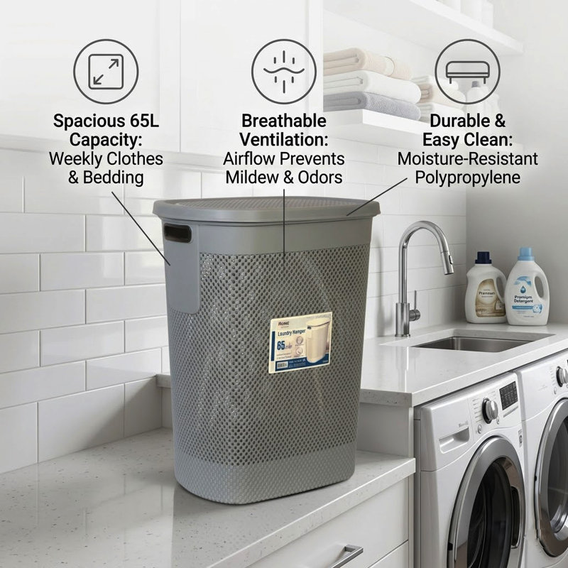 Laundry Hamper Max 65 Lt -White, Light Gray
