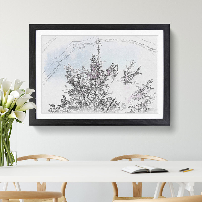 Pink Japanese Cherry Tree in Spring Sketch - Picture Frame Graphic Art Print, 45cm H x 63cm W x 2cm D, Black Framed