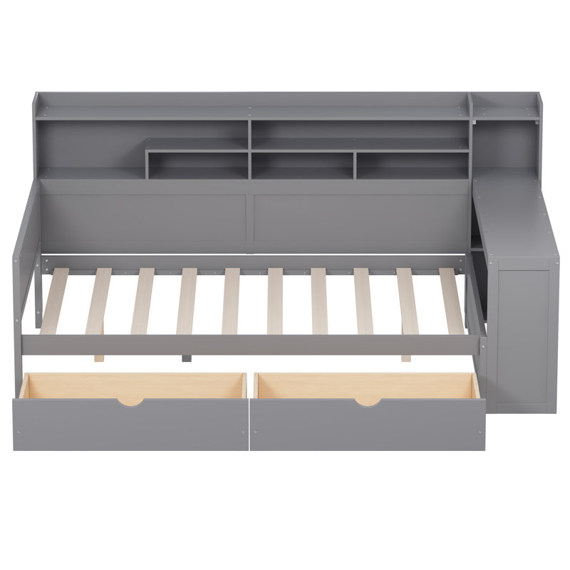 Wooden Full Daybed With Study Desk & Storage Drawers, Multi-Functional Bed, Gray