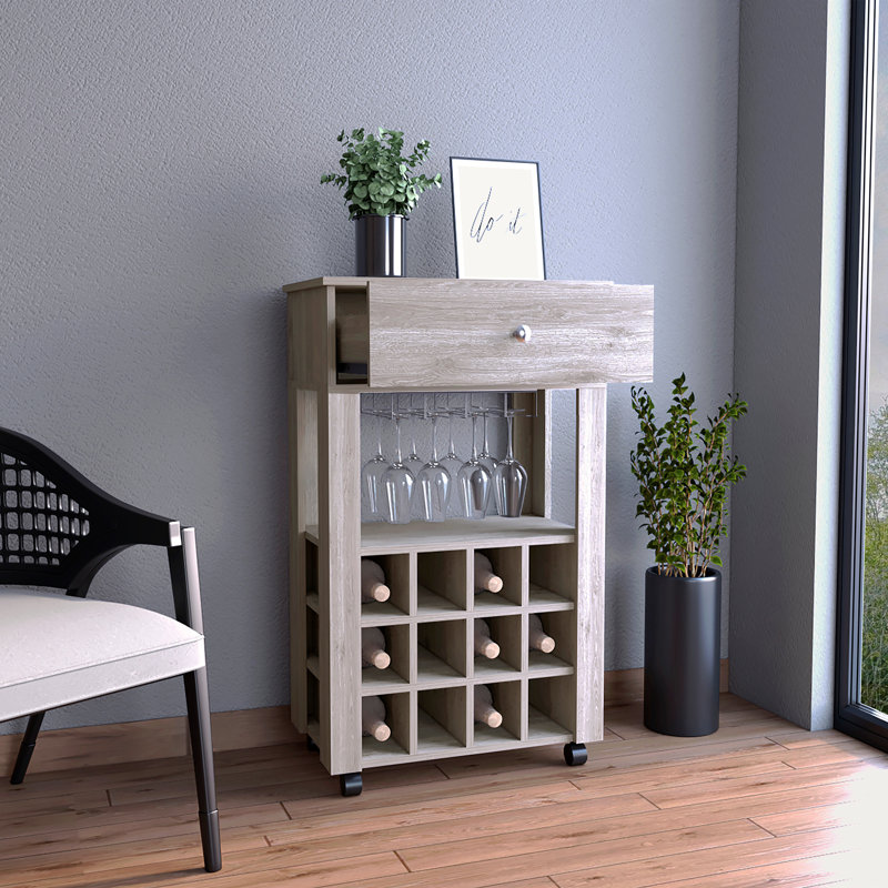 Chariot-bar, douze porte-bouteilles encastrés, quatre pieds, une tablette ouverte, Gris