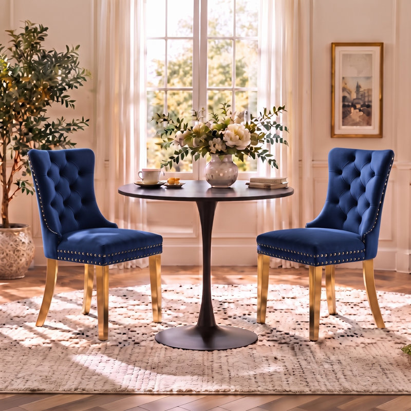 Ensemble de salle à manger rond 3 pièces avec 2 chaises rembourrées, Black, Navy Blue/Gold