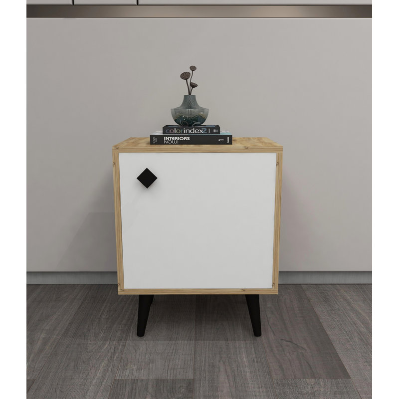 Modern Nightstand with Wooden Legs, Oak & White Finish, 17.7 x 25.6 x 13.8 Inches | 100% Melamine Coated Particle Board, Thickness: 0.7 Inches | Multiple Shelves for Storage, Perfect for Bedroom & Living Room