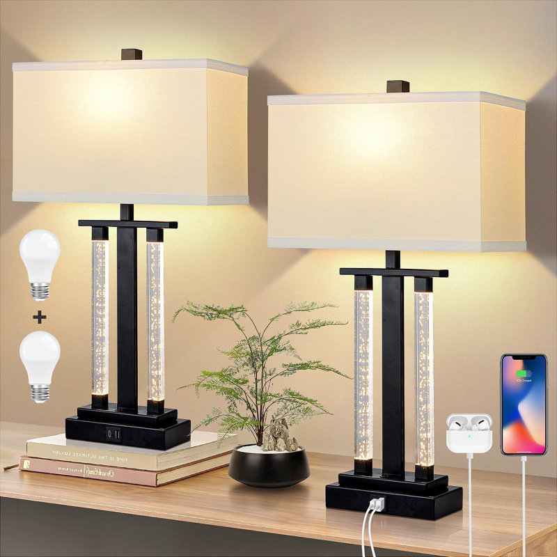 Black Adjustable 23" Modern Table Lamps Set with USB Charging