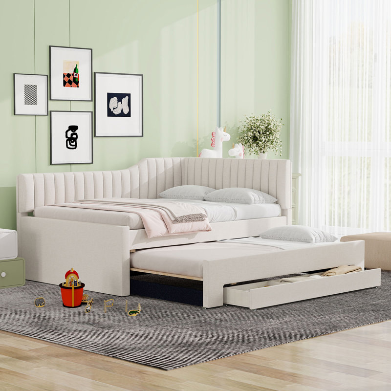 Lit de jour rembourré avec lit gigogne et trois tiroirs, Beige, Lit double