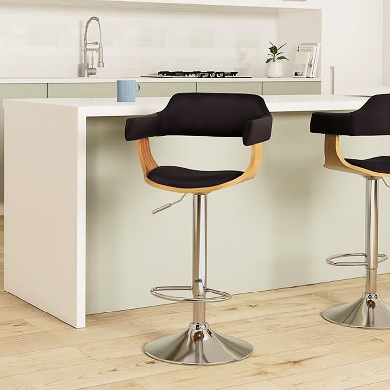 Tabouret de bar contemporain pivotant réglable avec accoudoirs rembourrés, chêne vieilli