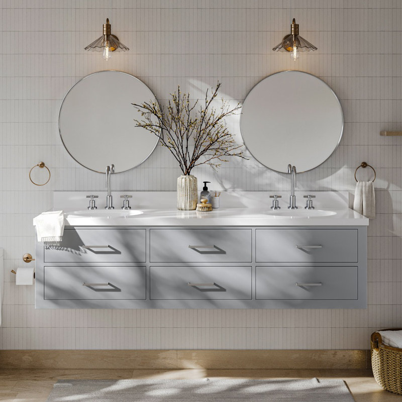 73'' W Double Vanity, Pure White Quartz, Gray, Brushed Nickel