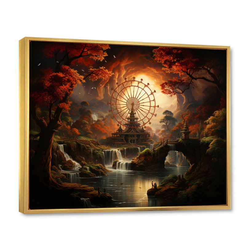 Roue de l'art bouddhiste or orange encadrée sur toile, H 24 po x l 32 po x P 1 po, Cadre flottant doré