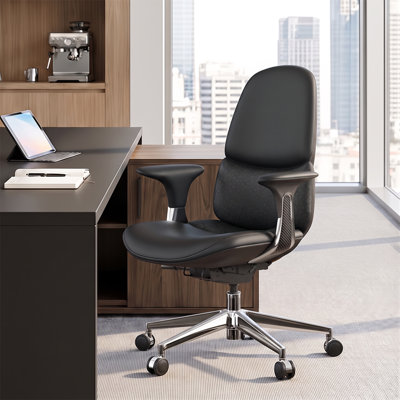 Genuine Leather Executive Chair, Mid-Back Ergonomic Swivel Office Chair, High Back Desk Chair with Polished Aluminum Alloy Base, Adjustable Height