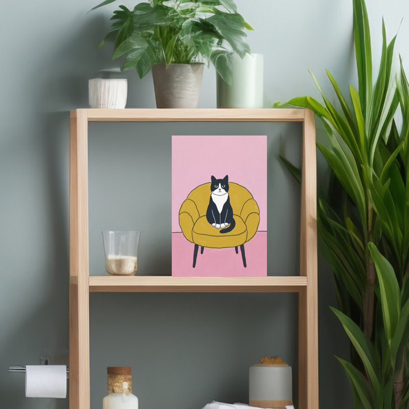 Chat noir, chaise jaune, élégant, chat moderne, architecture, art mural, H 18 po x l 12 po