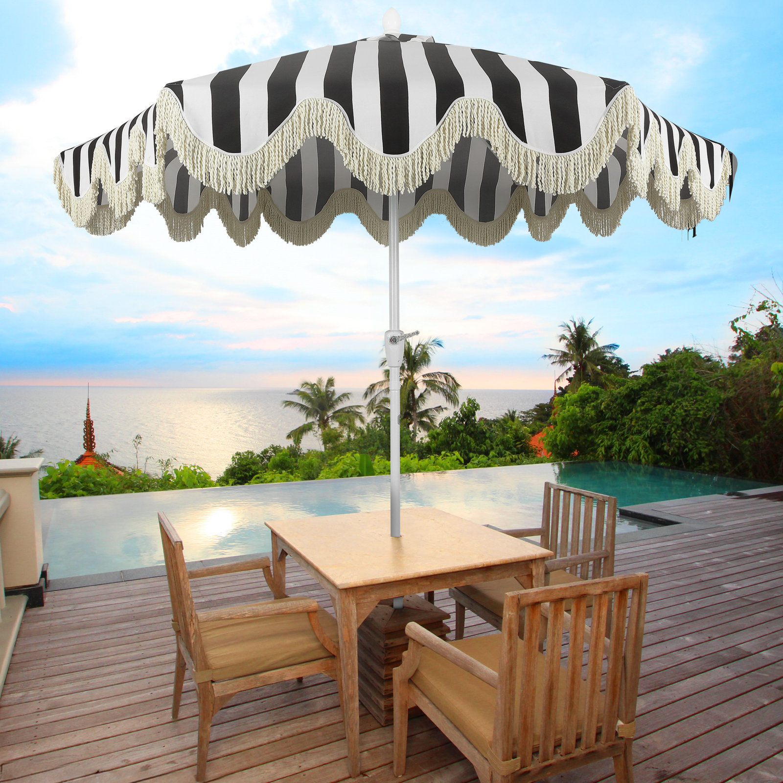 Teretha 9' Market Umbrella, Black/White/Cream Striped, White