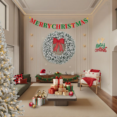 Couronne de Noël artificielle pré-éclairée avec un arc pré-éclairé, une couronne de vacances d'hiver à DEL, des aiguilles hypoallergéniques ignifuges pour la décoration intérieure et extérieure de Noël