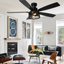 52" Black Farmhouse Industrial Flush Mount Ceiling Fan, 6-Speed DC Motor Low Profile Caged Ceiling Fan with Light and Remote