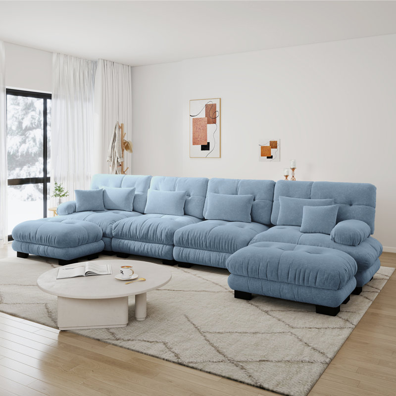 Canapé modulaire modulaire Cloud, 4 places avec 2 sièges Ottomam Chenille, siège profond et coussin pour le salon, Bleu