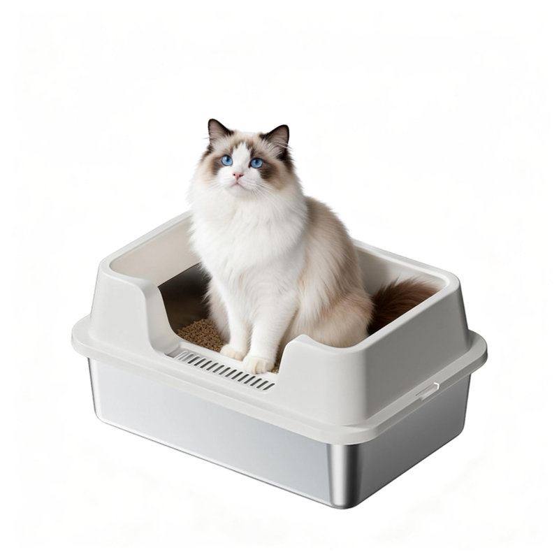 Stainless Steel Cat Litter Box, High-Sided & Non-Stick, Odour-Resistant Metal Litter Pan, 10.62"H x 19.68"W x 13.77"D, White