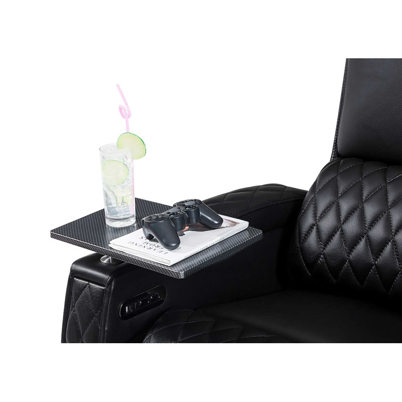 Leather Power Reclining Home Theater Seating with Cup Holder, Black Genuine Leather