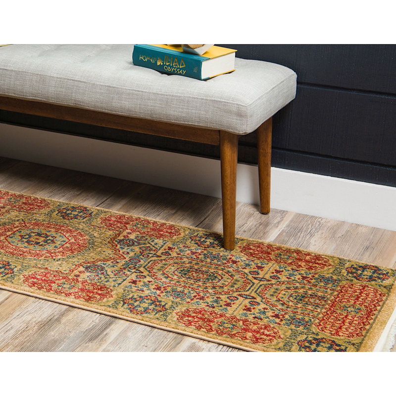 Tapis oriental vert clair et beige foncée Ophelia, Red/Tan, Tapis de couloir 2 pi x 6 pi 1 po