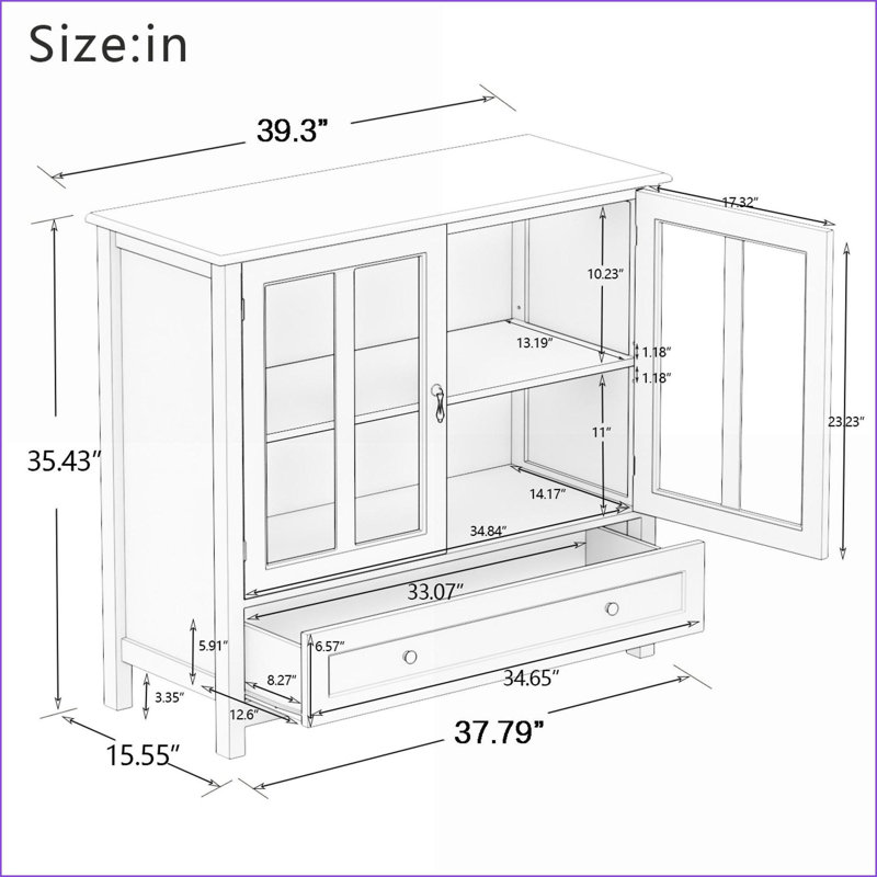 Buffet Cabinet, Retro Style with Double Glass Doors &amp; Bell Handles | E1 MDF | UV Paint Finish