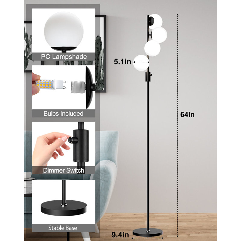  Dimmable Globe Floor Lamp, Black Retro Standing Lamps with 3000K G9 Bulbs Soft Warm White Eye Care, Mid Century Modern Floor Lamp for Living Room