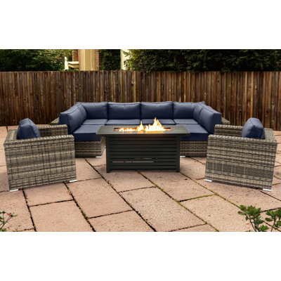 Ensemble de conversation modulaire 9 pièces avec foyer en métal et coussins Sunbrella Lsi
