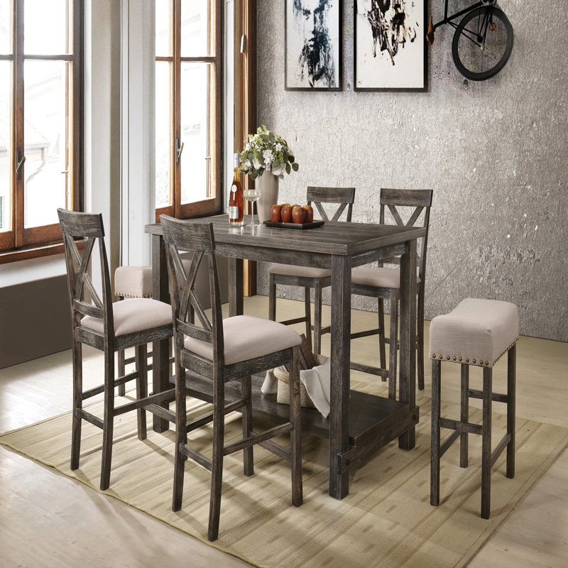 Table grise à hauteur de comptoir avec tablette inférieure