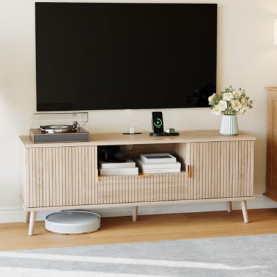 Meuble télé de style Mid-Century Modern de 147 cm (58 po) avec prise électrique, chêne