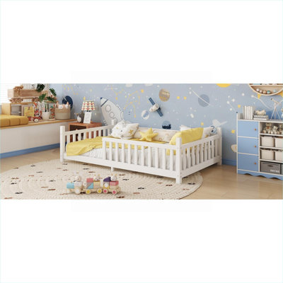 Lit plateforme simple en bois de pin massif avec lumière DEL et garde-corps de sécurité pour chambre d'enfant
