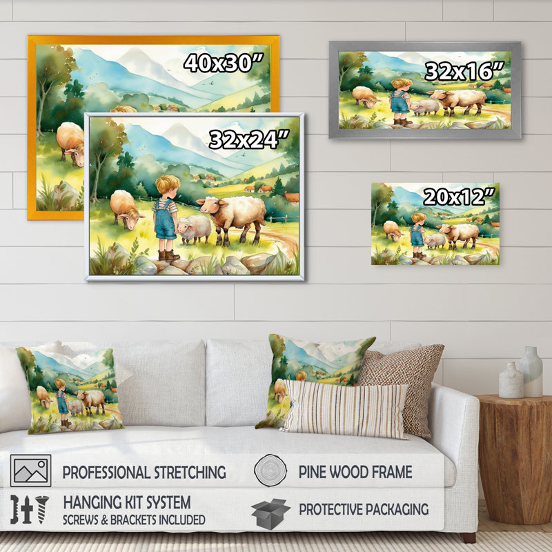 Enfants sur une ferme II - impression sur toile de paysage de ferme, Encadrement doré, H 30 po x l 40 po x P 1,5 po