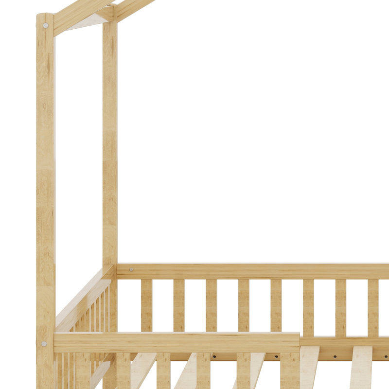 House Shape Toddler Bed with Canopy, High Railings,and Low Montessori Floor Frame, Natural, Full