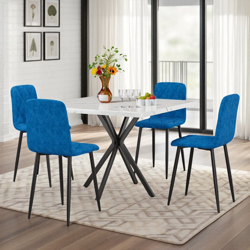 Ensemble de table de salle à manger 5 pièces avec table carrée blanche et chaises en velours, Bleu, Marbre blanc