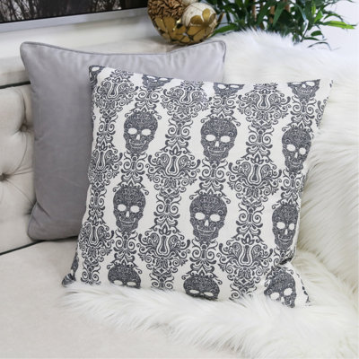 Coussin Gothic Damask Skull - Lin en coton noir et blanc