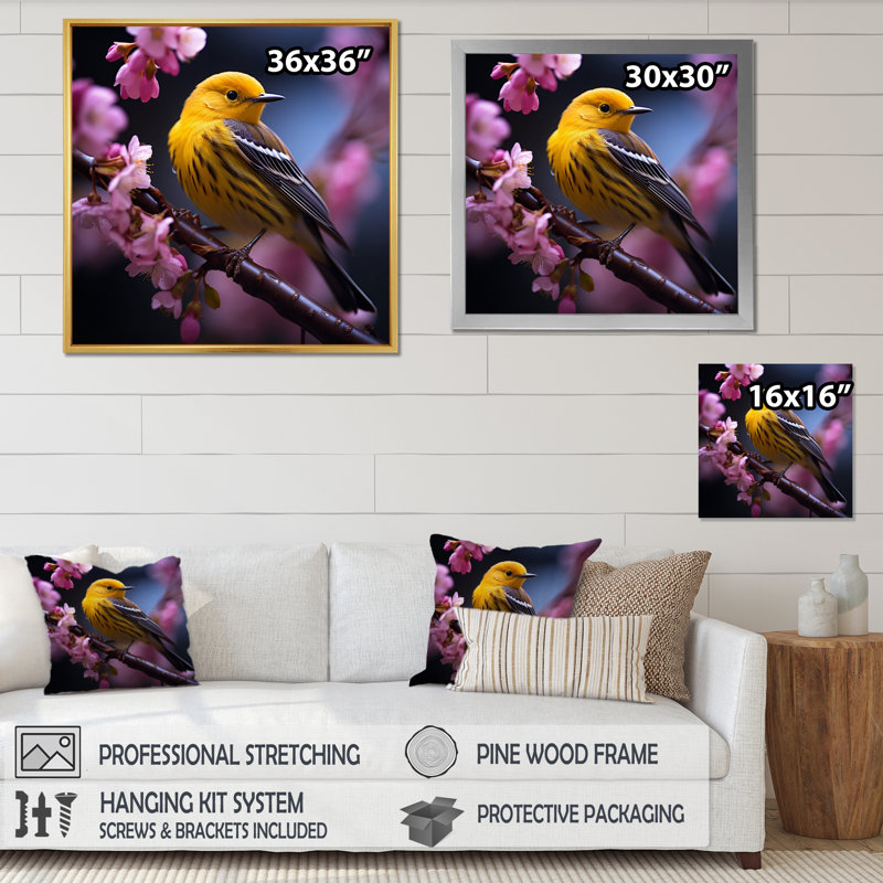 «Yellow Bird On Blossom Cherry I» sur toile, Cadre flottant noir, H 36 po x l 36 po x P 1,5 po