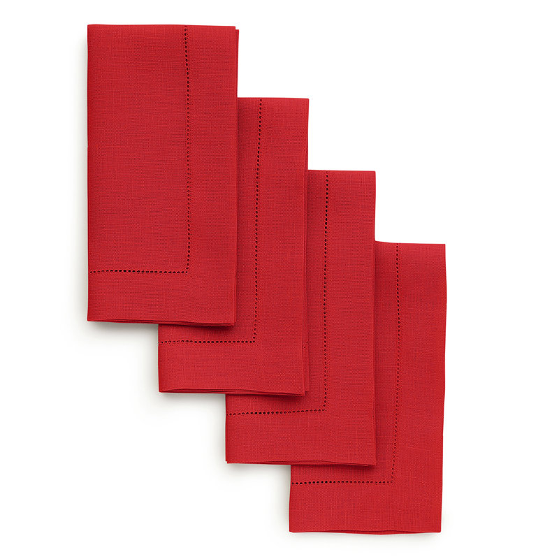 100% Pure Linen Hemstitch Dinner Napkins - Classic Hemstitch, Red