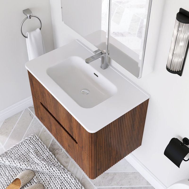Ensemble de meuble-lavabo mural 30 po avec comptoir intégré en céramique, Noyer
