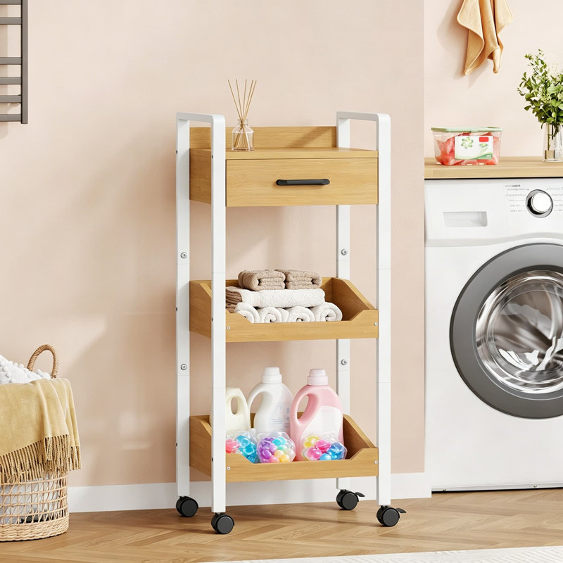 Chariot de rangement à 3 niveaux avec tiroir, chariot mobile sur roulettes, organisateur de cuisine à cadre en métal avec tiroir en bois et poignées latérales, tablette de rangement mince pour petits espaces, bureau, salle de bain, chêne beige