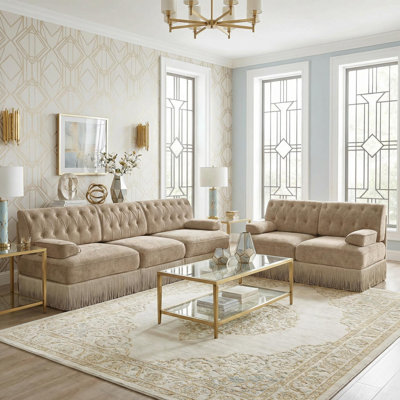 Glam Velvet Tufted 2-Piece Living Room Sectional Sofa with Floor-Grazing Fringe Skirt, Chesterfield Style Camel