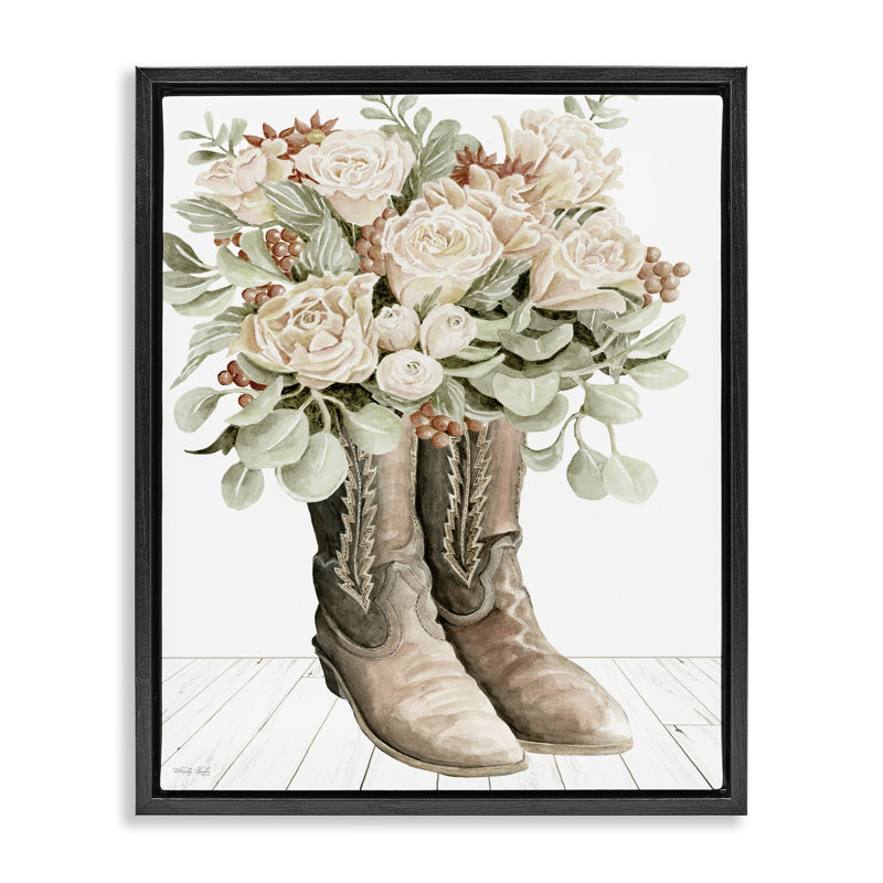 «Chic Bouquet bottes», art mural encadré sur toile flottante par Cindy Jacobs, Cadre flottant noir de jais, H 21 po x l 17 po