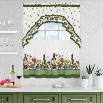  Ensemble de 3 paires de baguettes Napa en polyester avec bordure en treillis style Mid-Century avec bouteille de vin et raisins pour fenêtre, 57 po x 36 po, vert Napa