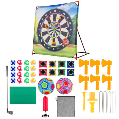 Jeu de golf chipping 44 pièces, golf intérieur/extérieur, activités géantes 4 en 1 pour le jardin avec tapis de frappe de 137 x 138 cm, 16 balles collantes, 8 sacs de sable, 6 haches de sécurité et 2 mini-ballons de soccer