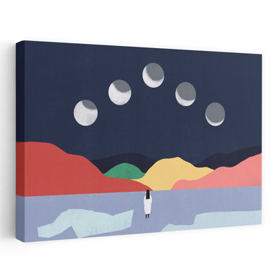 Femme observant les phases de la lune - Illustration murale abstraite et colorée représentant un paysage contemporain.