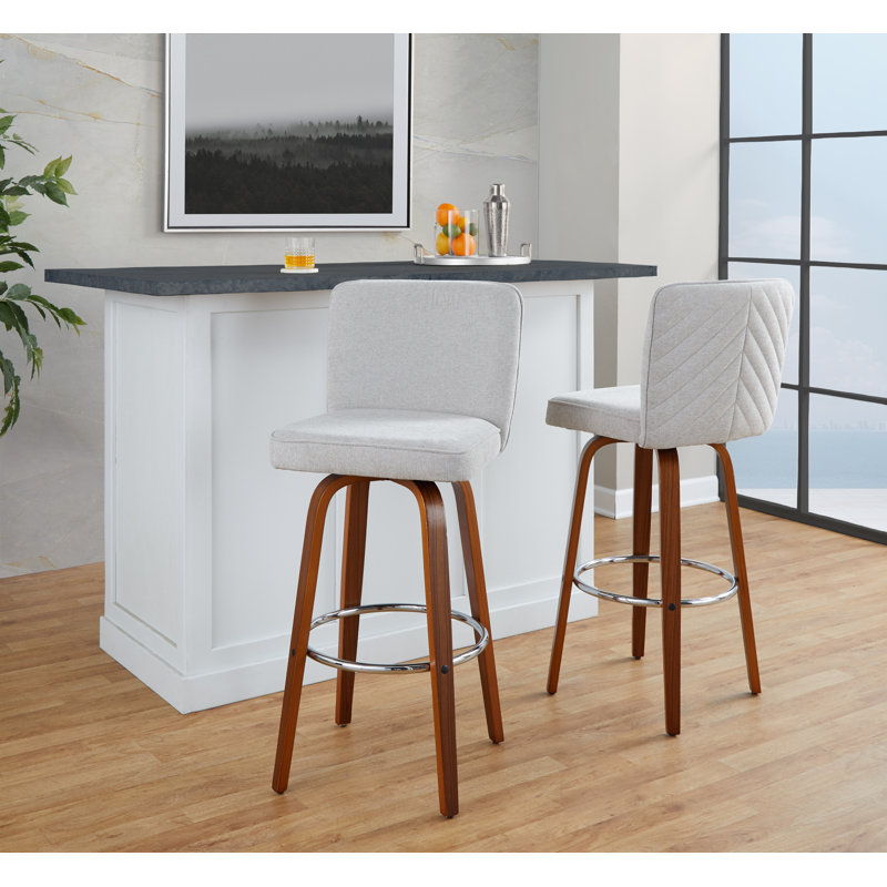 Huxley 30" Fixed-Height Bar Stools with Bent Wood Legs and Round Footrest, Beige Polyester, Bar Stool (30.75" Seat Height)