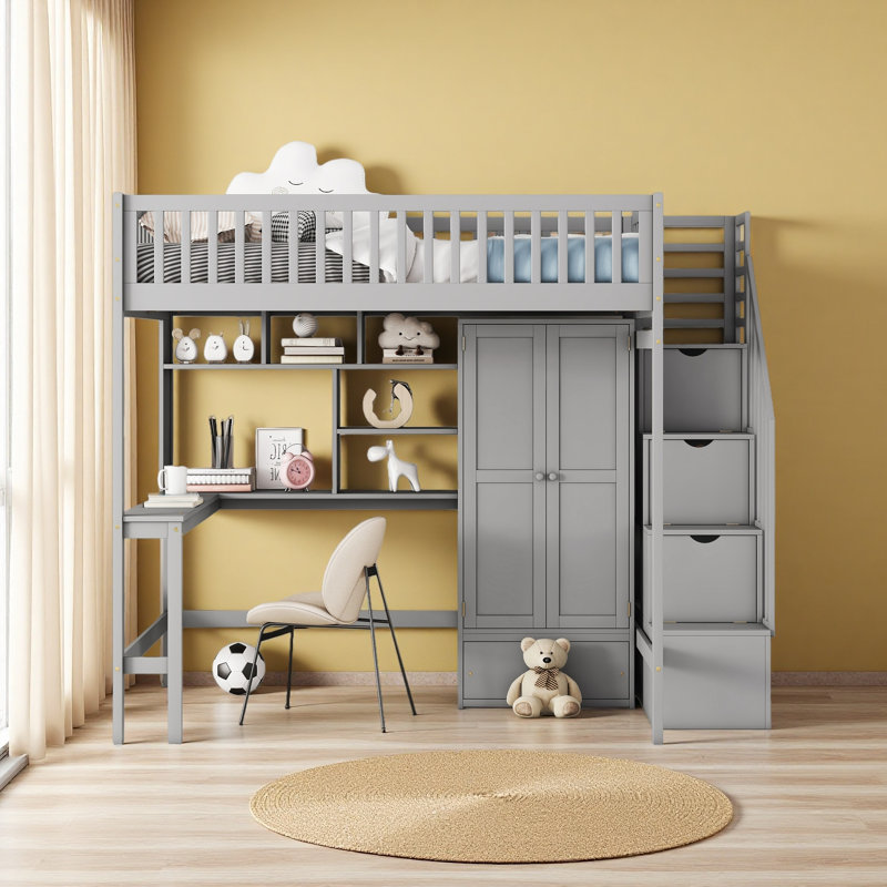 Harriet Bee Full Size Loft Bed With Bookshelf,Drawers,Desk,And Wardrobe ...
