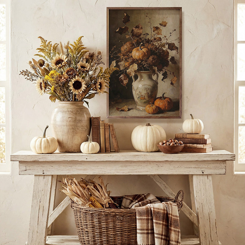 Floral rustique d'automne avec citrouilles, H 24 po x l 16 po