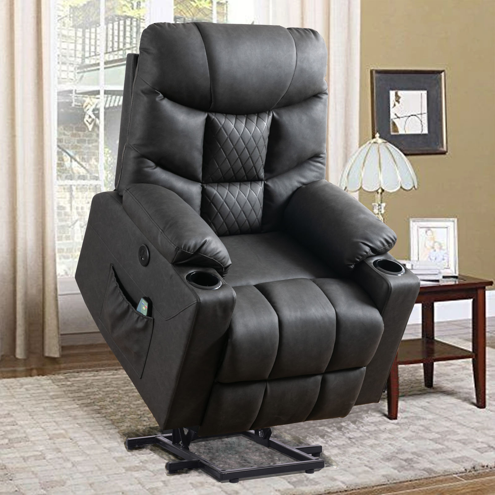 Power Lift Chair Recliner, Electric for Elderly, with Heating Vibration Massage, Remote Control Latitude Run Body Fabric: Black Faux Leather
