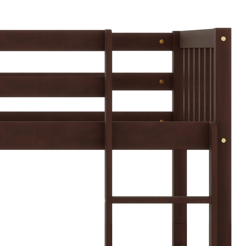 Lit superposé en bois d'hévéa avec lit gigogne, échelle et garde-corps, Espresso