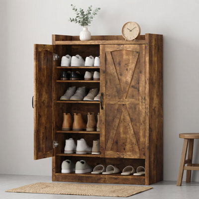 31.5'' Farmhouse Shoe Storage Cabinet With Barn Doors, Wood Entryway Organizer With Open Shelf And Adjustable Shelves