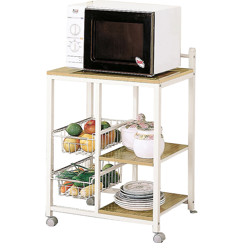 Chariot de cuisine contemporain naturel brun et blanc, tablette spacieuse pour micro-ondes, rangement, fil, 4 tablettes d'appareils mobiles, mobile, moderne