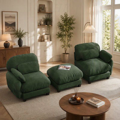 Canapé d'angle 2 places à effet nuage avec pouf amovible, ensemble de canapé modulable en chenille confortable, assise profonde et combinaison libre pour petit salon, vert